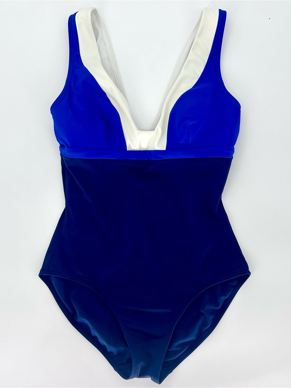 Boden Colorblock One Piece Swimsuit Blue White Deep V Retro Pin Up Size 6